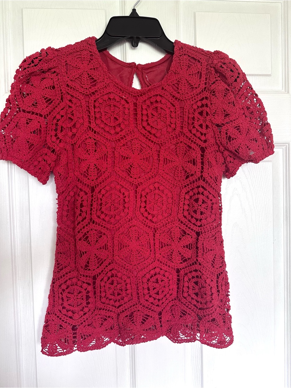 Crochet Lace Short Sleeve Top - Red -Size S-M